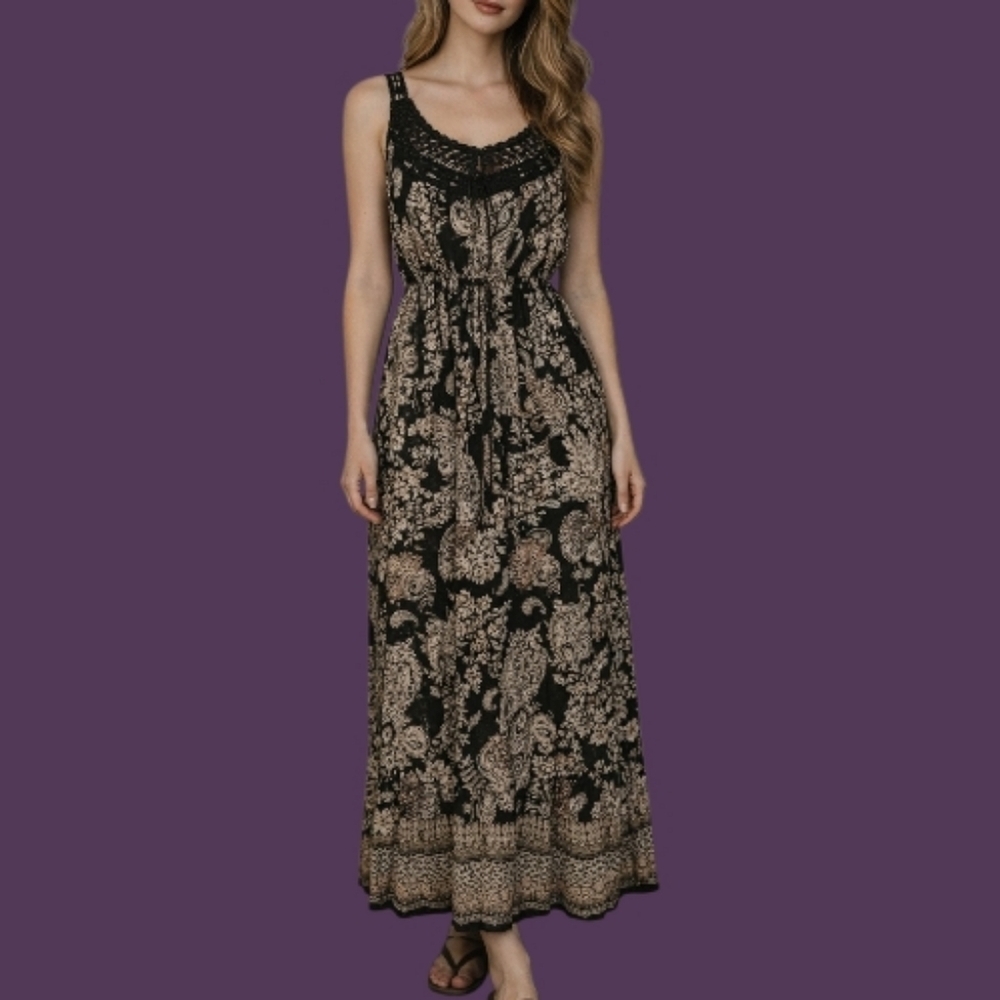 BILA Boho Floral Paisley Crochet Sleeveless Tank Maxi Slip Dress Large